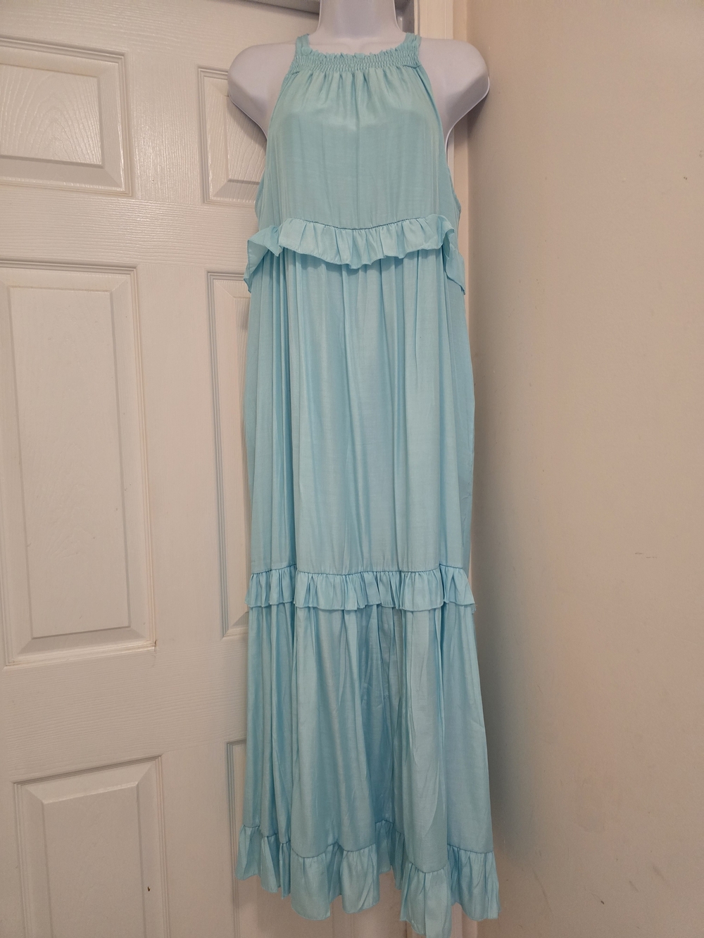 Light Blue Ruffle Halter Maxi Dress